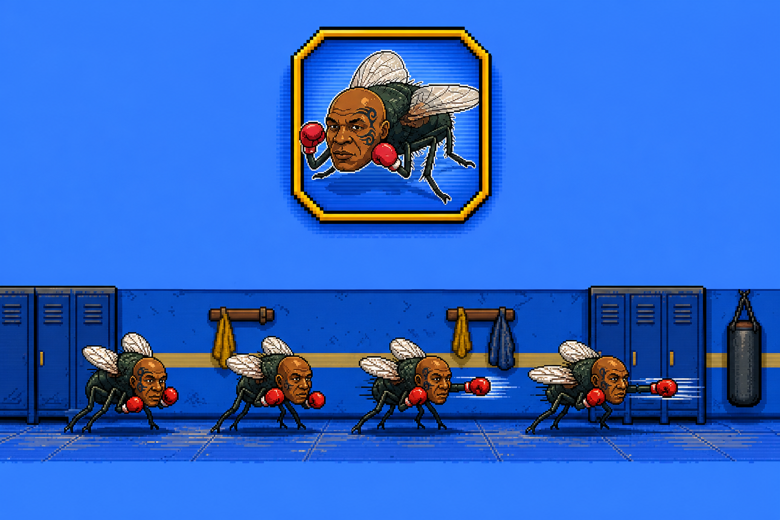 Wall badge of Flytyson above a locker room lined with repeated fly boxer sprites, mid punch