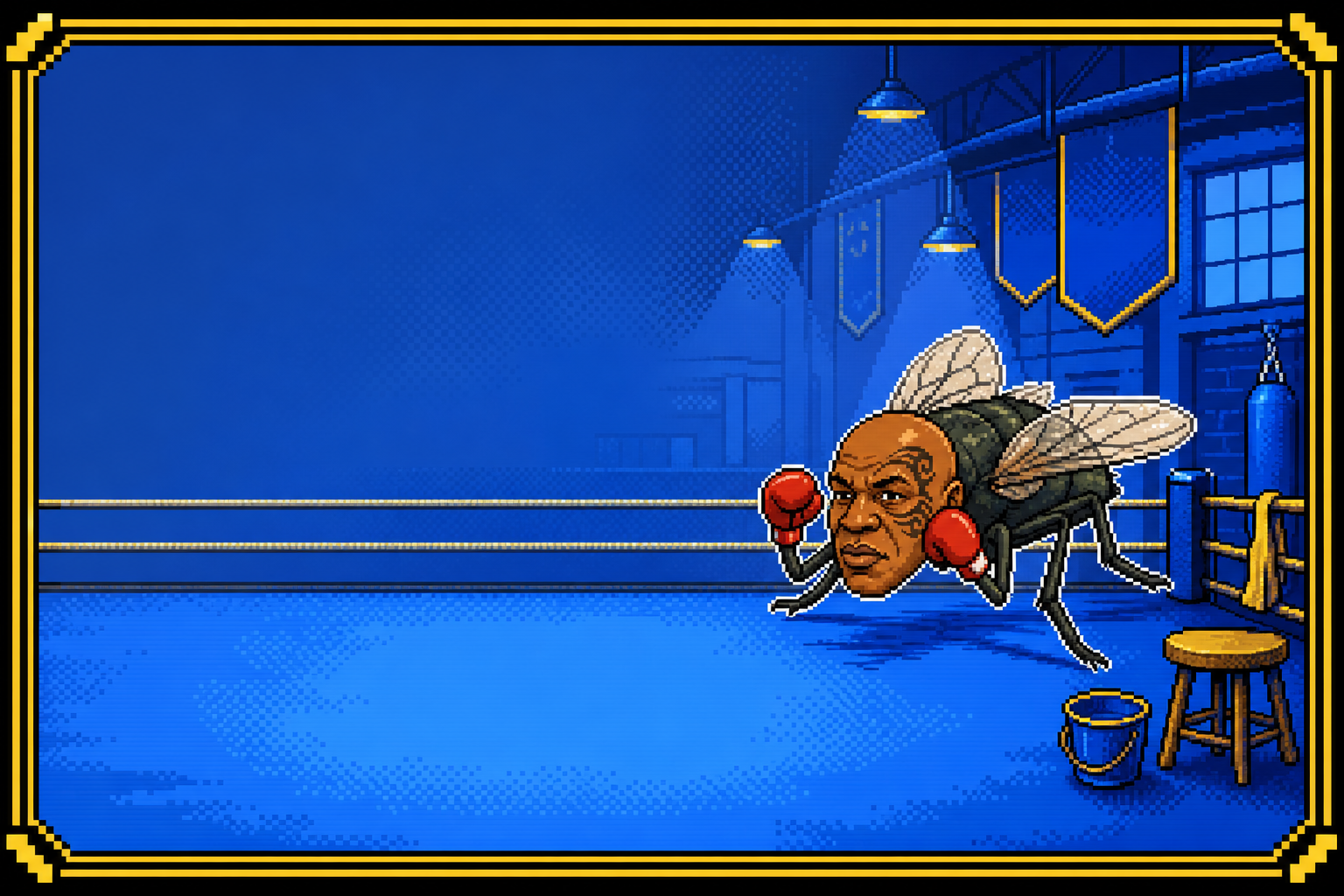 Flytyson standing in a pixel-art boxing ring, framed with a black and gold border